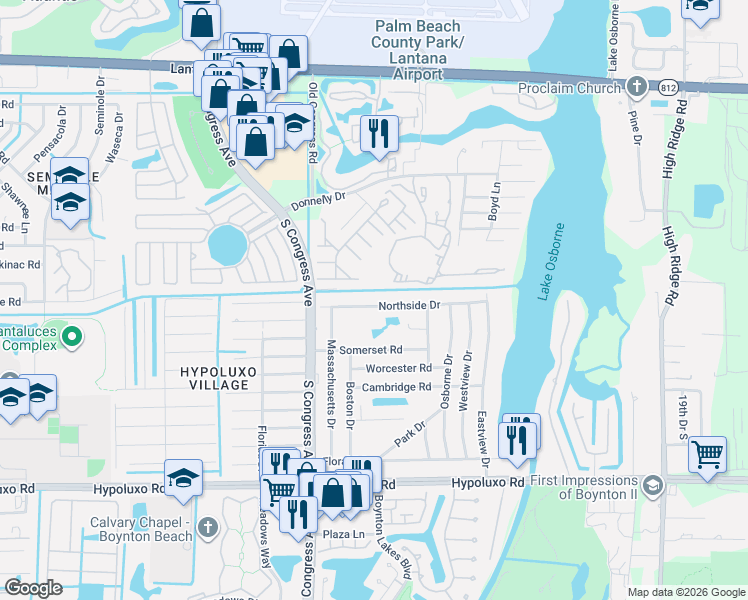 map of restaurants, bars, coffee shops, grocery stores, and more near 2818 Northside Drive in Lantana