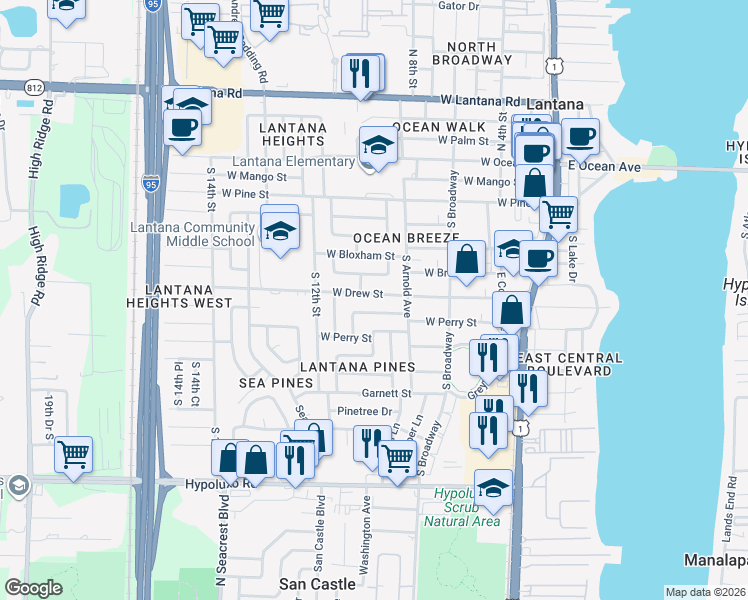 map of restaurants, bars, coffee shops, grocery stores, and more near 916 West Drew Street in Lantana
