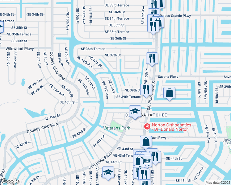 map of restaurants, bars, coffee shops, grocery stores, and more near 3823 Southeast 12th Place in Cape Coral