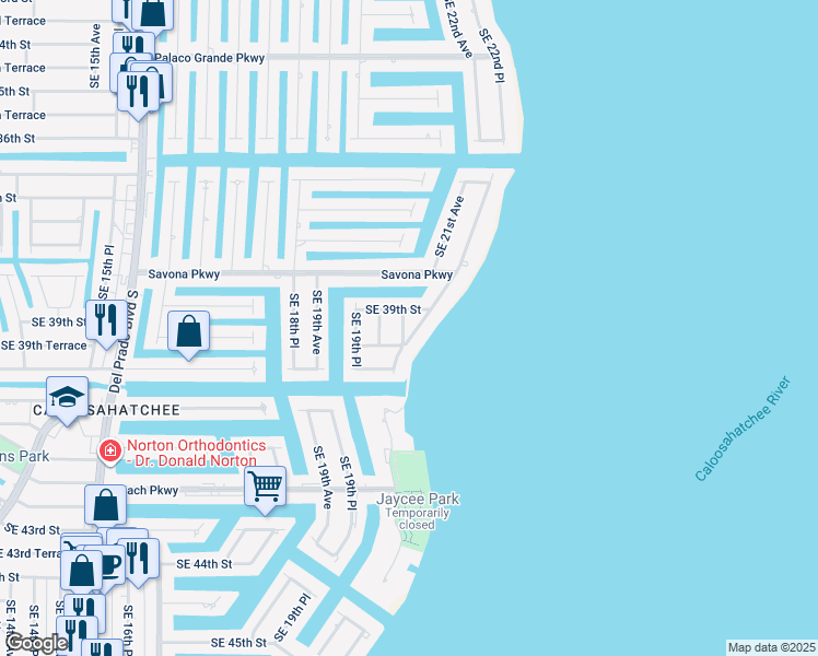 map of restaurants, bars, coffee shops, grocery stores, and more near 3905 Southeast 39th Street in Cape Coral