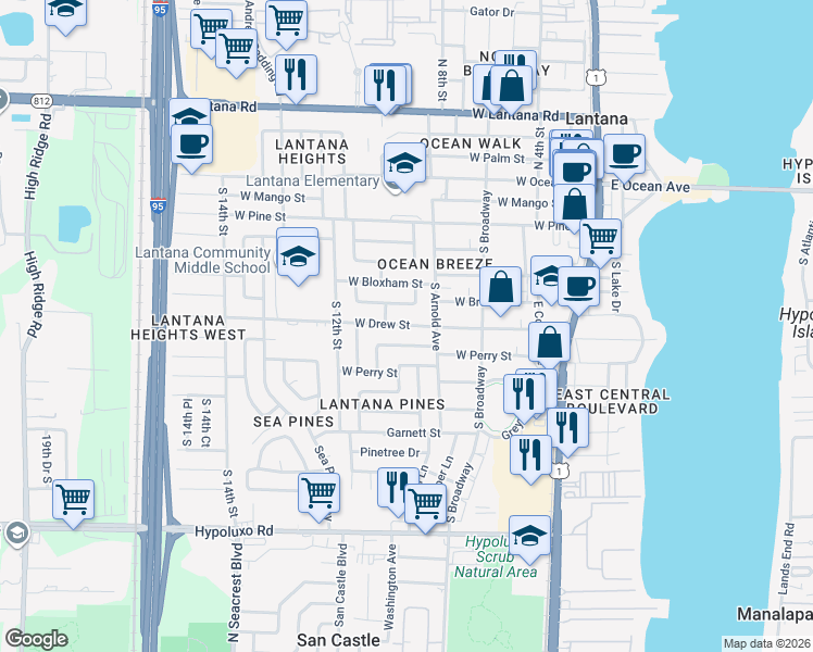map of restaurants, bars, coffee shops, grocery stores, and more near 906 West Branch Street in Lantana
