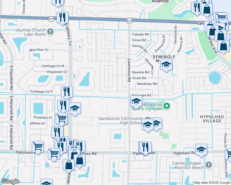 map of restaurants, bars, coffee shops, grocery stores, and more near 6469 Cypress Lane in Lake Worth
