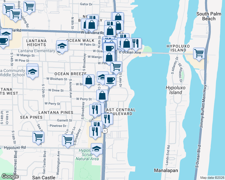 map of restaurants, bars, coffee shops, grocery stores, and more near 117 Mayfield Road in Lantana