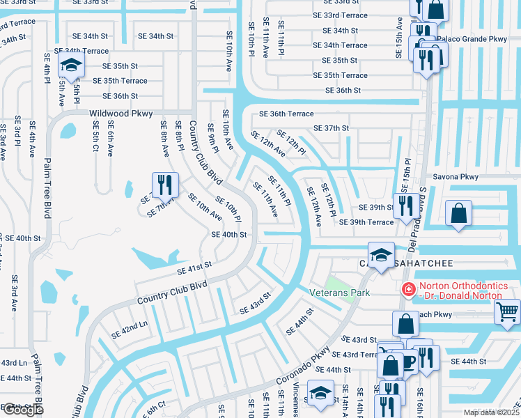 map of restaurants, bars, coffee shops, grocery stores, and more near 3917 Country Club Boulevard in Cape Coral