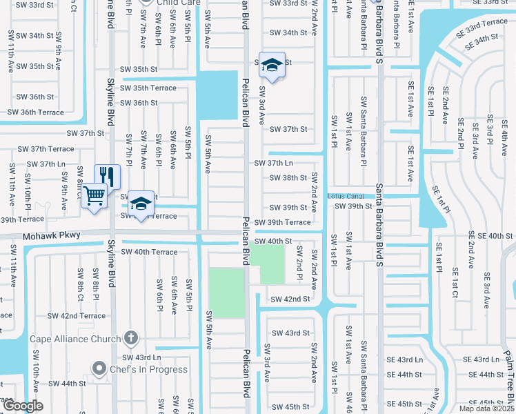 map of restaurants, bars, coffee shops, grocery stores, and more near 3828 Southwest 3rd Avenue in Cape Coral