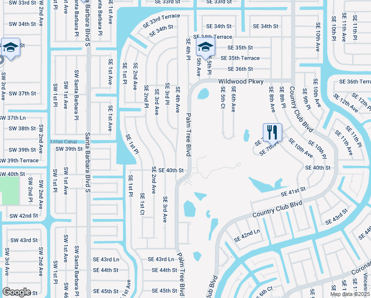 map of restaurants, bars, coffee shops, grocery stores, and more near 3902 Palm Tree Boulevard in Cape Coral