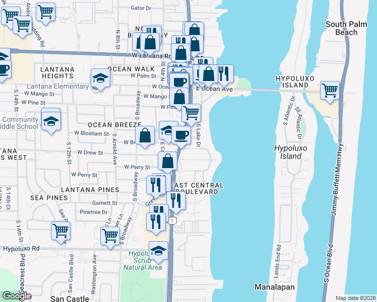 map of restaurants, bars, coffee shops, grocery stores, and more near 117 Mayfield Road in Lantana