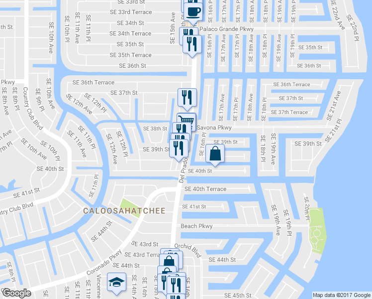 map of restaurants, bars, coffee shops, grocery stores, and more near 3901 Del Prado Boulevard South in Cape Coral