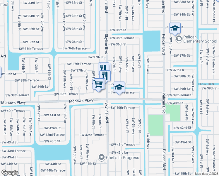 map of restaurants, bars, coffee shops, grocery stores, and more near 718 Southwest 39th Street in Cape Coral