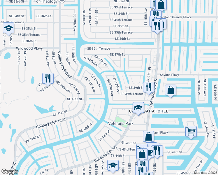 map of restaurants, bars, coffee shops, grocery stores, and more near 3822 Southeast 12th Avenue in Cape Coral