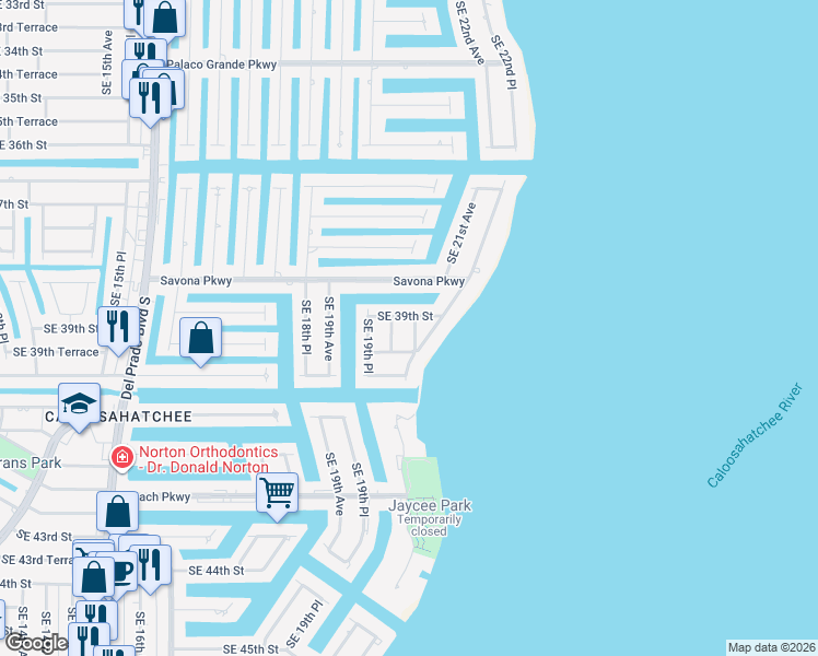 map of restaurants, bars, coffee shops, grocery stores, and more near 3905 Southeast 39th Street in Cape Coral
