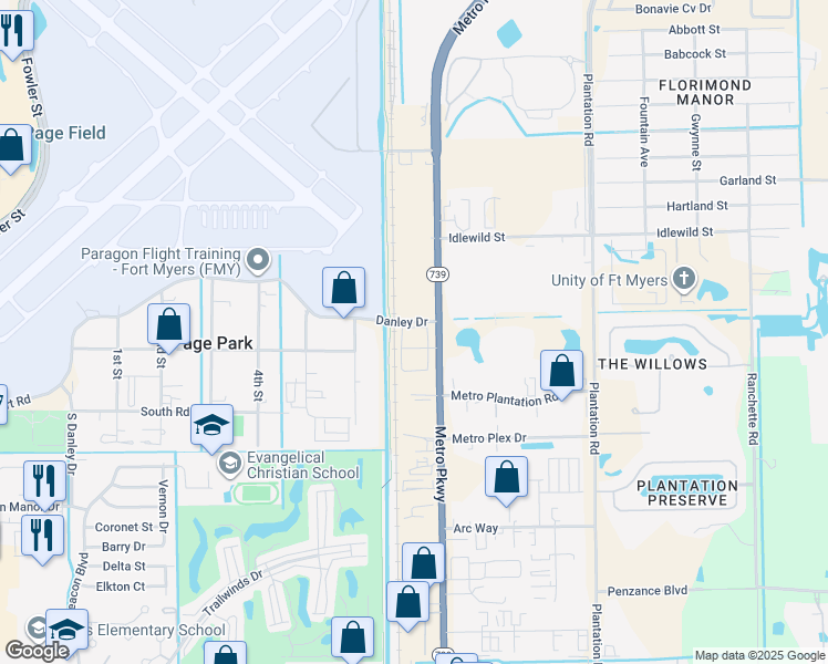 map of restaurants, bars, coffee shops, grocery stores, and more near 620 Danley Dr in Fort Myers