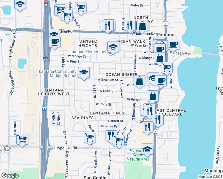 map of restaurants, bars, coffee shops, grocery stores, and more near 906 West Branch Street in Lantana