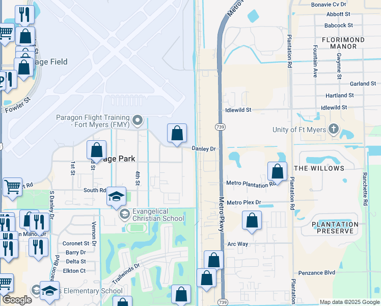 map of restaurants, bars, coffee shops, grocery stores, and more near 620 Danley Drive in Fort Myers