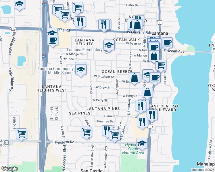map of restaurants, bars, coffee shops, grocery stores, and more near 906 West Branch Street in Lantana