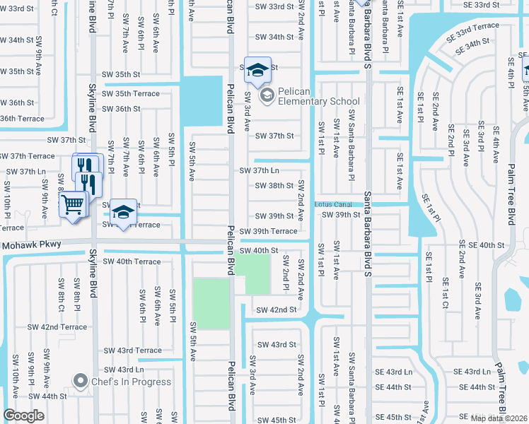 map of restaurants, bars, coffee shops, grocery stores, and more near 233 Southwest 39th Street in Cape Coral