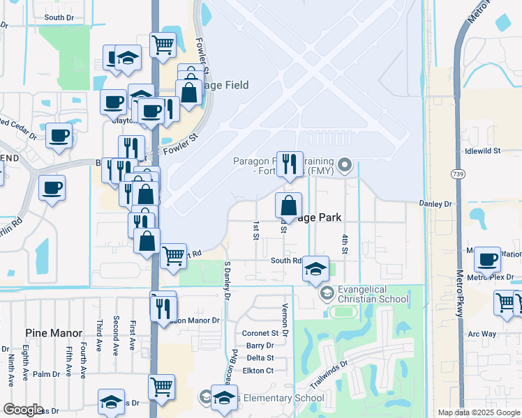 map of restaurants, bars, coffee shops, grocery stores, and more near 2024 1st Street in Fort Myers