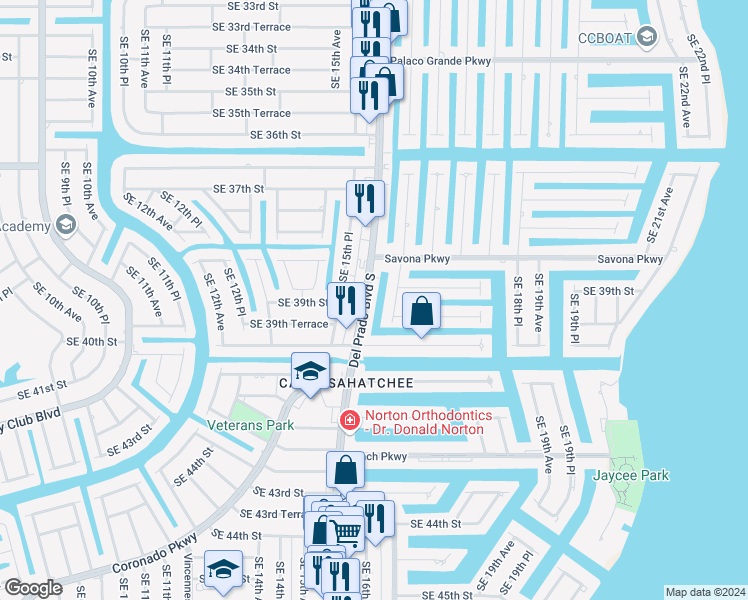 map of restaurants, bars, coffee shops, grocery stores, and more near in Cape Coral