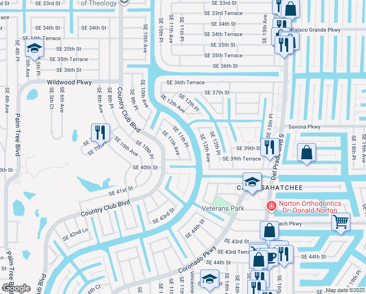 map of restaurants, bars, coffee shops, grocery stores, and more near 3916 Southeast 11th Place in Cape Coral