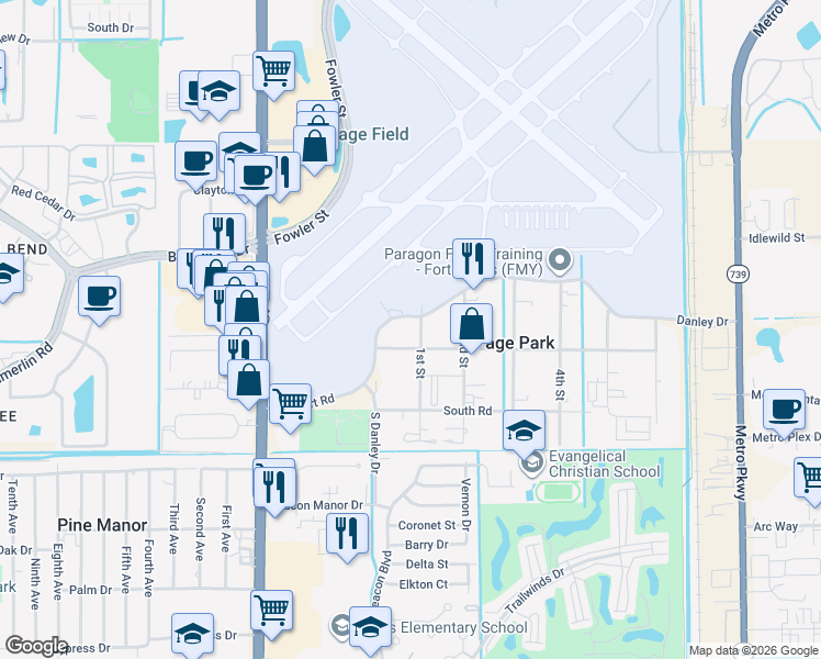 map of restaurants, bars, coffee shops, grocery stores, and more near 2024 1st Street in Fort Myers