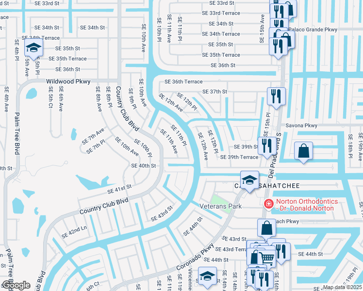 map of restaurants, bars, coffee shops, grocery stores, and more near 3916 Southeast 11th Place in Cape Coral