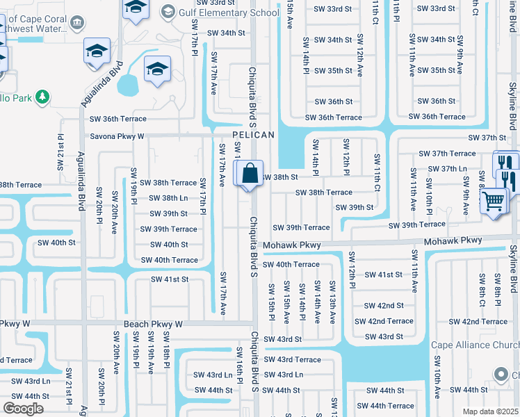 map of restaurants, bars, coffee shops, grocery stores, and more near 3827 Chiquita Boulevard South in Cape Coral