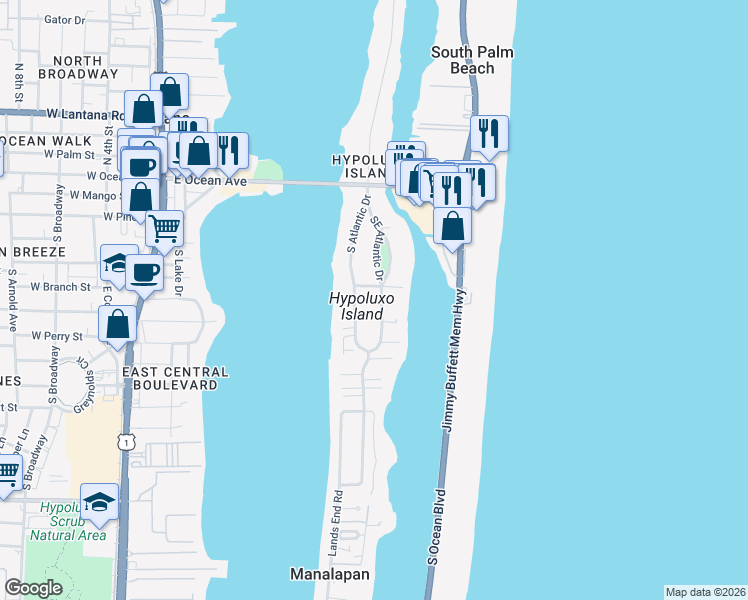 map of restaurants, bars, coffee shops, grocery stores, and more near 513 Southeast Atlantic Drive in Lantana