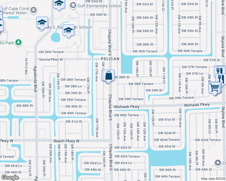 map of restaurants, bars, coffee shops, grocery stores, and more near 3827 Chiquita Boulevard South in Cape Coral