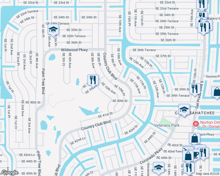 map of restaurants, bars, coffee shops, grocery stores, and more near 3812 Southeast 10th Place in Cape Coral