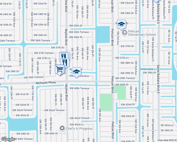 map of restaurants, bars, coffee shops, grocery stores, and more near 532 Southwest 39th Street in Cape Coral