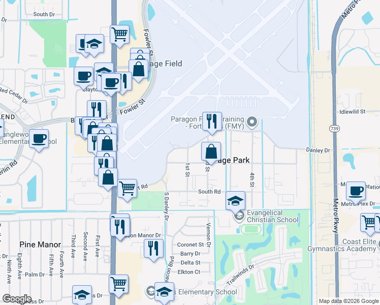map of restaurants, bars, coffee shops, grocery stores, and more near 2024 1st Street in Fort Myers