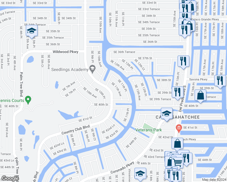 map of restaurants, bars, coffee shops, grocery stores, and more near 3917 Country Club Boulevard in Cape Coral