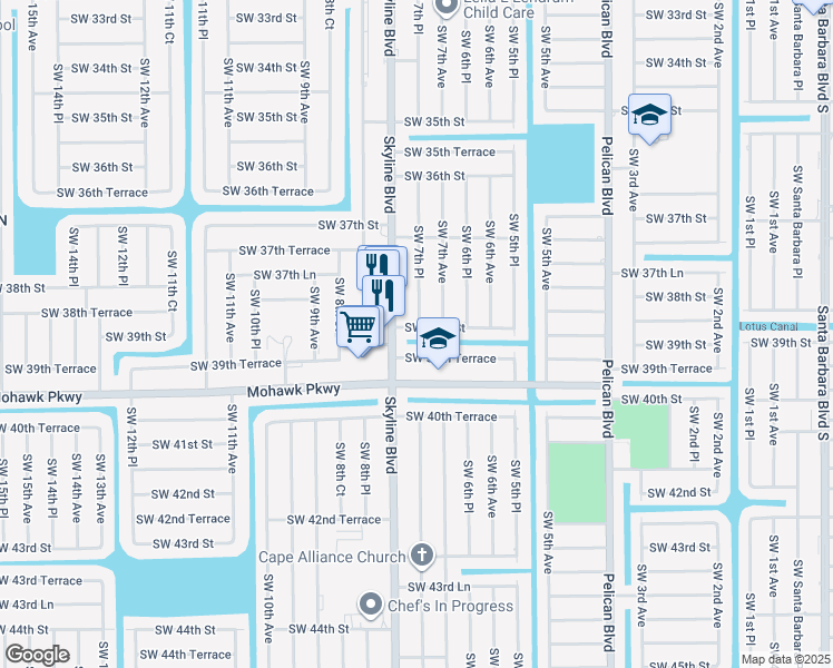 map of restaurants, bars, coffee shops, grocery stores, and more near 718 Southwest 39th Street in Cape Coral