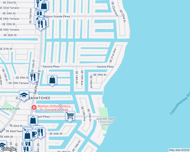 map of restaurants, bars, coffee shops, grocery stores, and more near 3902 Southeast 20th Avenue in Cape Coral