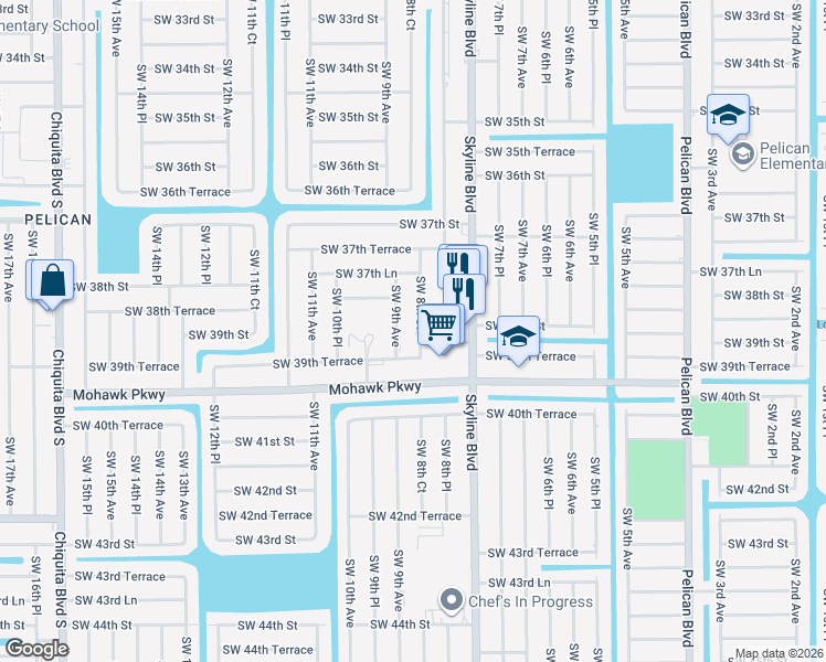 map of restaurants, bars, coffee shops, grocery stores, and more near 3828 Southwest 8th Court in Cape Coral
