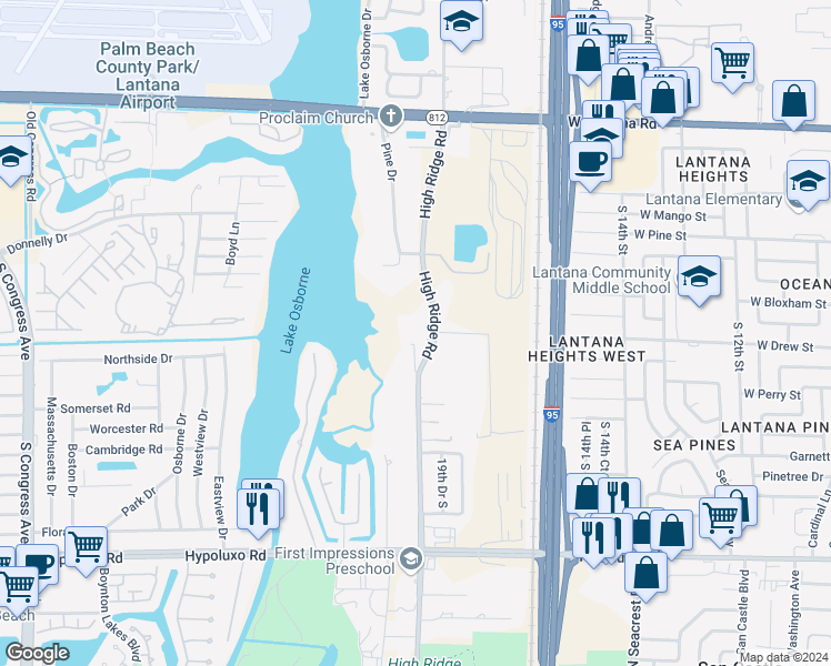 map of restaurants, bars, coffee shops, grocery stores, and more near 6511 High Ridge Road in Lake Worth