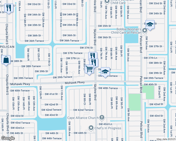 map of restaurants, bars, coffee shops, grocery stores, and more near 3824 Skyline Boulevard in Cape Coral
