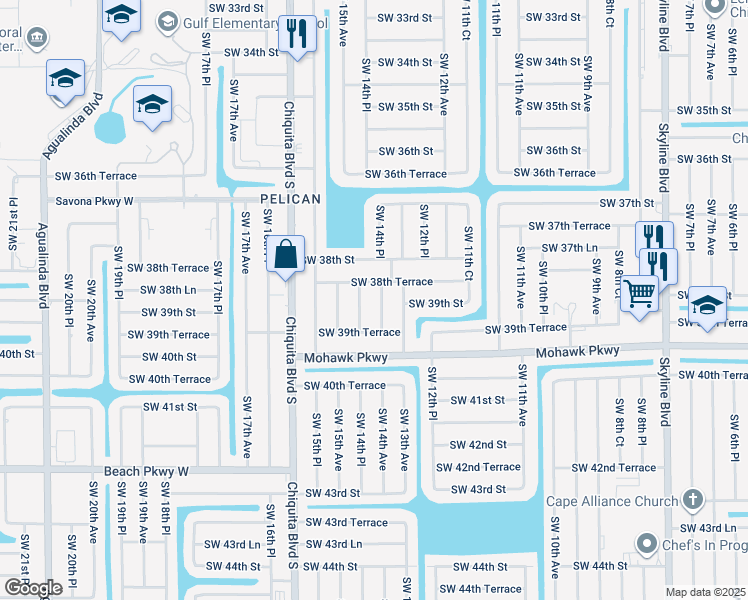 map of restaurants, bars, coffee shops, grocery stores, and more near 3825 Southwest 14th Place in Cape Coral