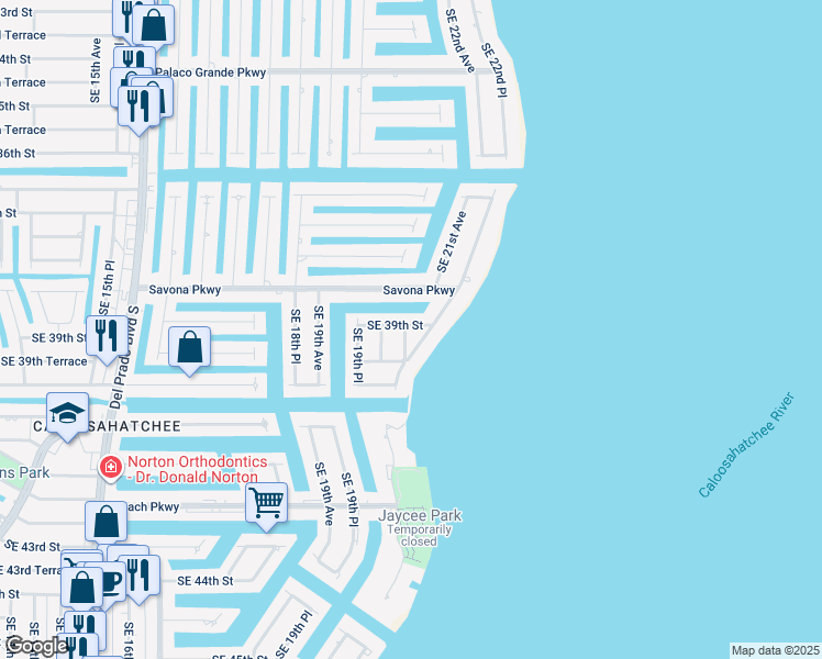 map of restaurants, bars, coffee shops, grocery stores, and more near 3905 Southeast 39th Street in Cape Coral