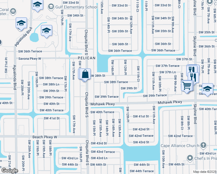 map of restaurants, bars, coffee shops, grocery stores, and more near 3825 Southwest 14th Place in Cape Coral