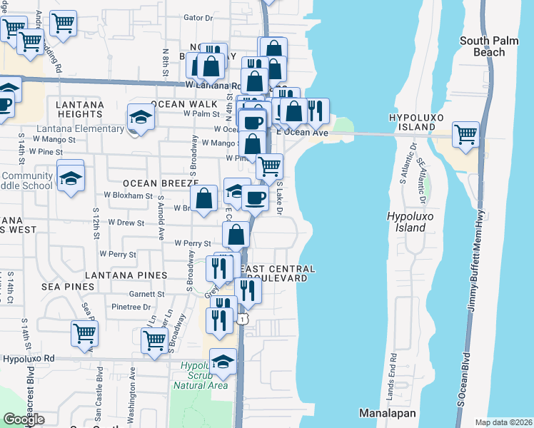 map of restaurants, bars, coffee shops, grocery stores, and more near 117 Mayfield Road in Lantana