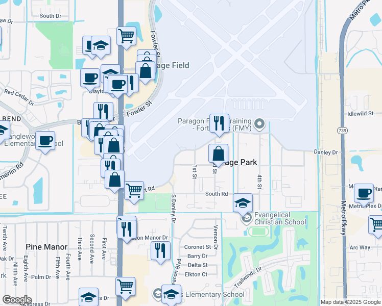 map of restaurants, bars, coffee shops, grocery stores, and more near 2024 1st Street in Fort Myers