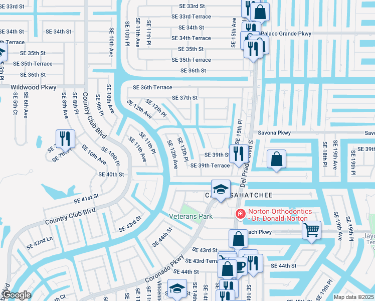 map of restaurants, bars, coffee shops, grocery stores, and more near 3823 Southeast 12th Place in Cape Coral