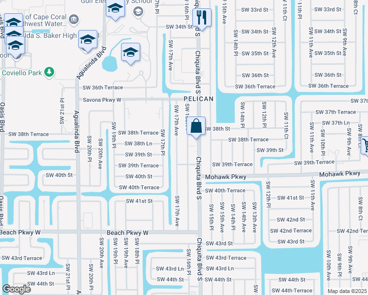 map of restaurants, bars, coffee shops, grocery stores, and more near 3824 Southwest 16th Place in Cape Coral
