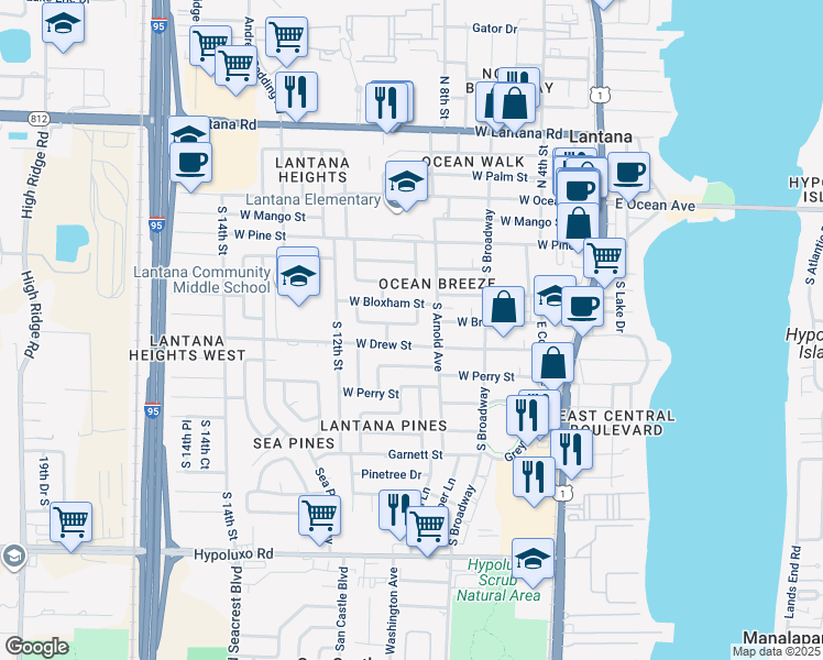 map of restaurants, bars, coffee shops, grocery stores, and more near 906 West Branch Street in Lantana