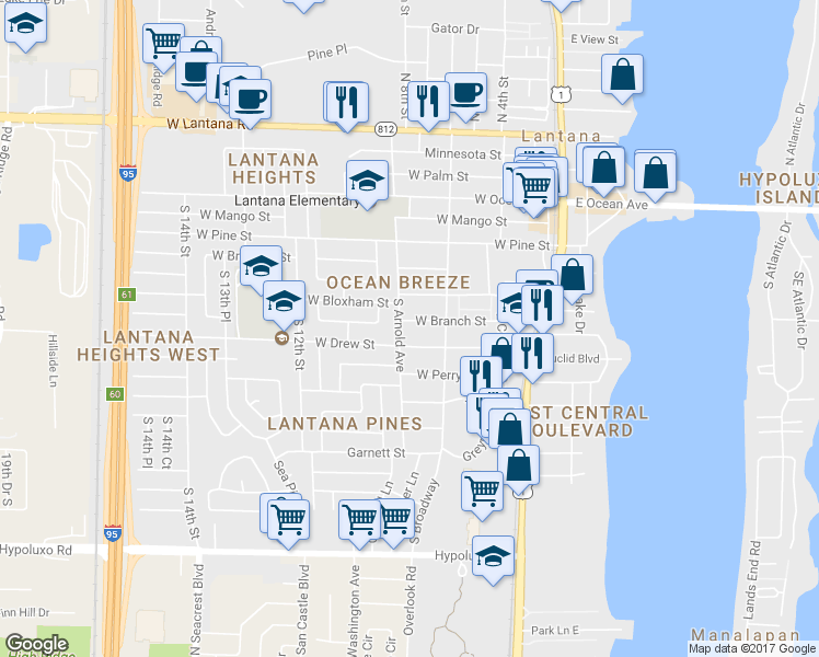 map of restaurants, bars, coffee shops, grocery stores, and more near 706 West Branch Street in Lantana