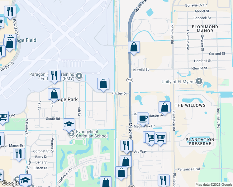 map of restaurants, bars, coffee shops, grocery stores, and more near John Yarbrough Linear Park Trail in Fort Myers