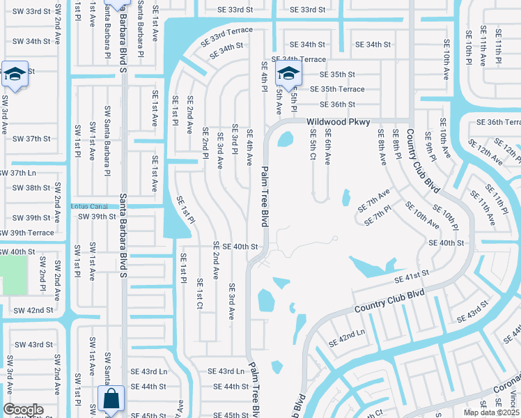 map of restaurants, bars, coffee shops, grocery stores, and more near 3902 Palm Tree Boulevard in Cape Coral
