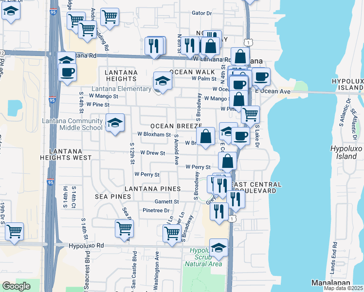 map of restaurants, bars, coffee shops, grocery stores, and more near 706 West Branch Street in Lantana