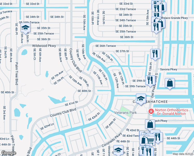 map of restaurants, bars, coffee shops, grocery stores, and more near 3917 Country Club Boulevard in Cape Coral